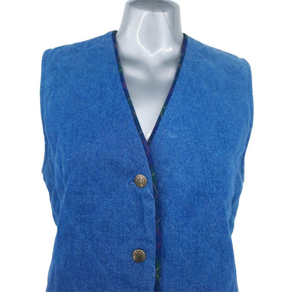 VTG 90s Koret City Blues Quilted Denim Metal Snap Vest Plaid Pants Set Size 8 - Picture 4 of 12